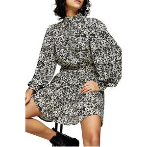 Topshop Pintuck Mini Dress Monochrome Cream Black Long Sleeves Button Top Sz S